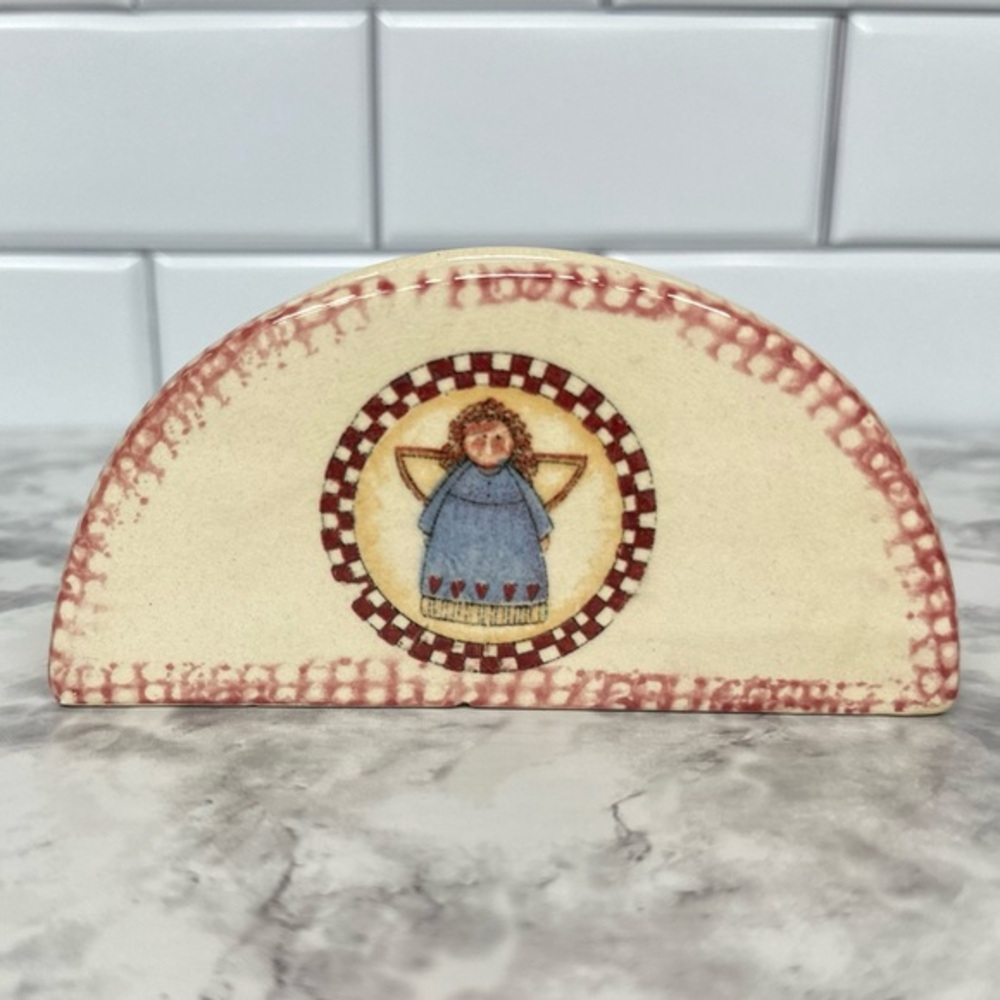 Vinatge Cream and Red Ceramic Angel Napkin, Mail‎ Holder Retro Decor
